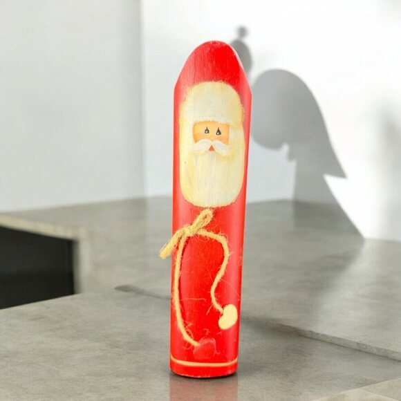 Hand Made Wooden Folk Art Christmas Santa Figure Tall Red Artist Signed K Link - Picture 1 of 16